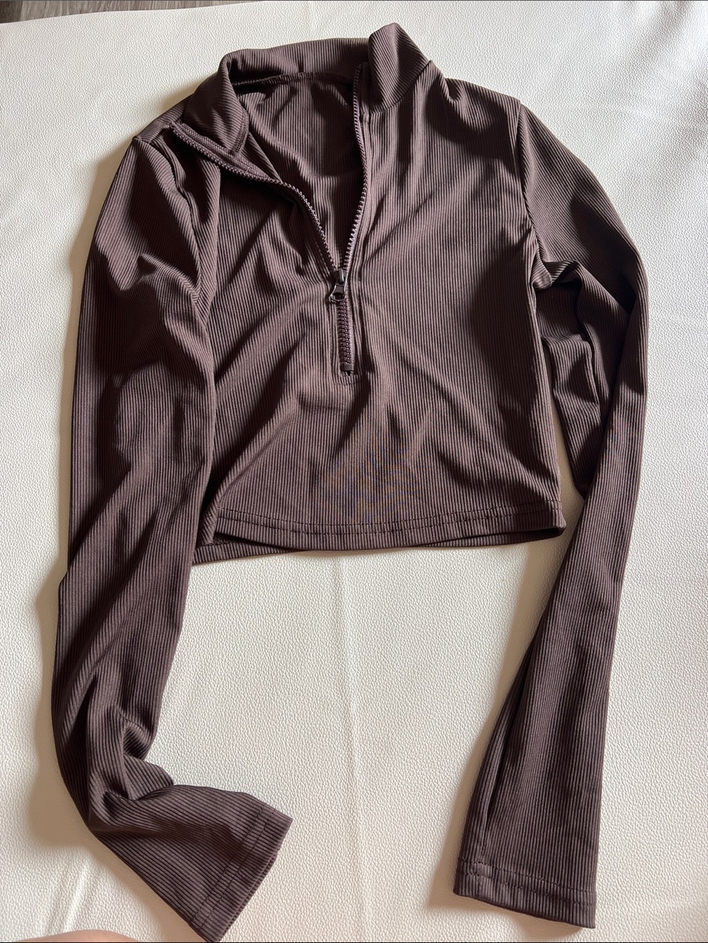 Women's Ribbed Half-Zip Long Sleeve Top - Brown